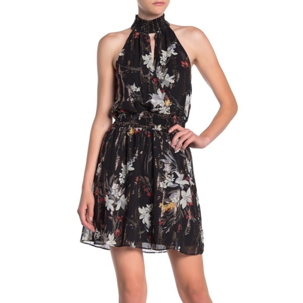 Smock Waist Metallic Floral Dress